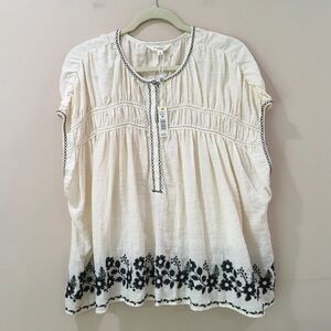 Max Studio Embroidered Floral Boho Blouse Cream Black Smocked Peasant Top Medium
